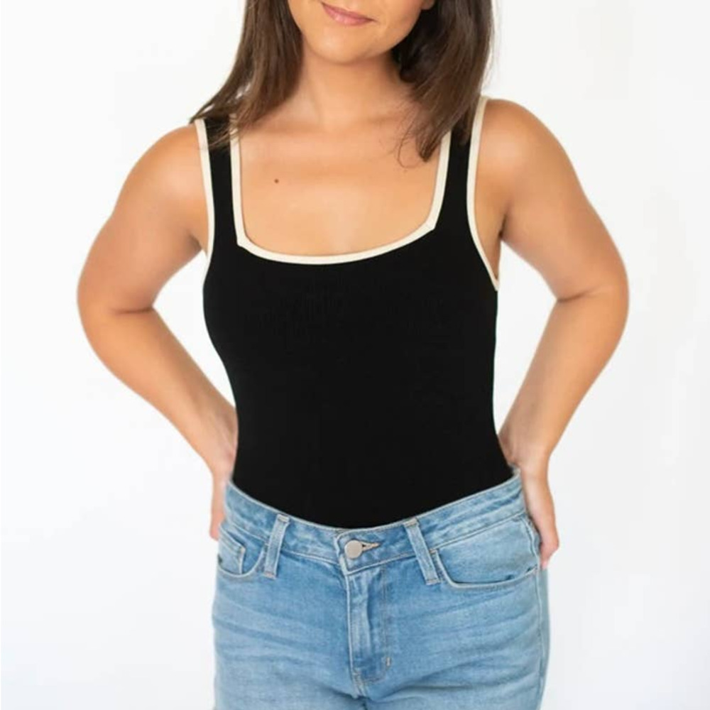 Le Lis Small Black White Trim Square Neck Ribbed Knit Tank Top Thong Bodysuit